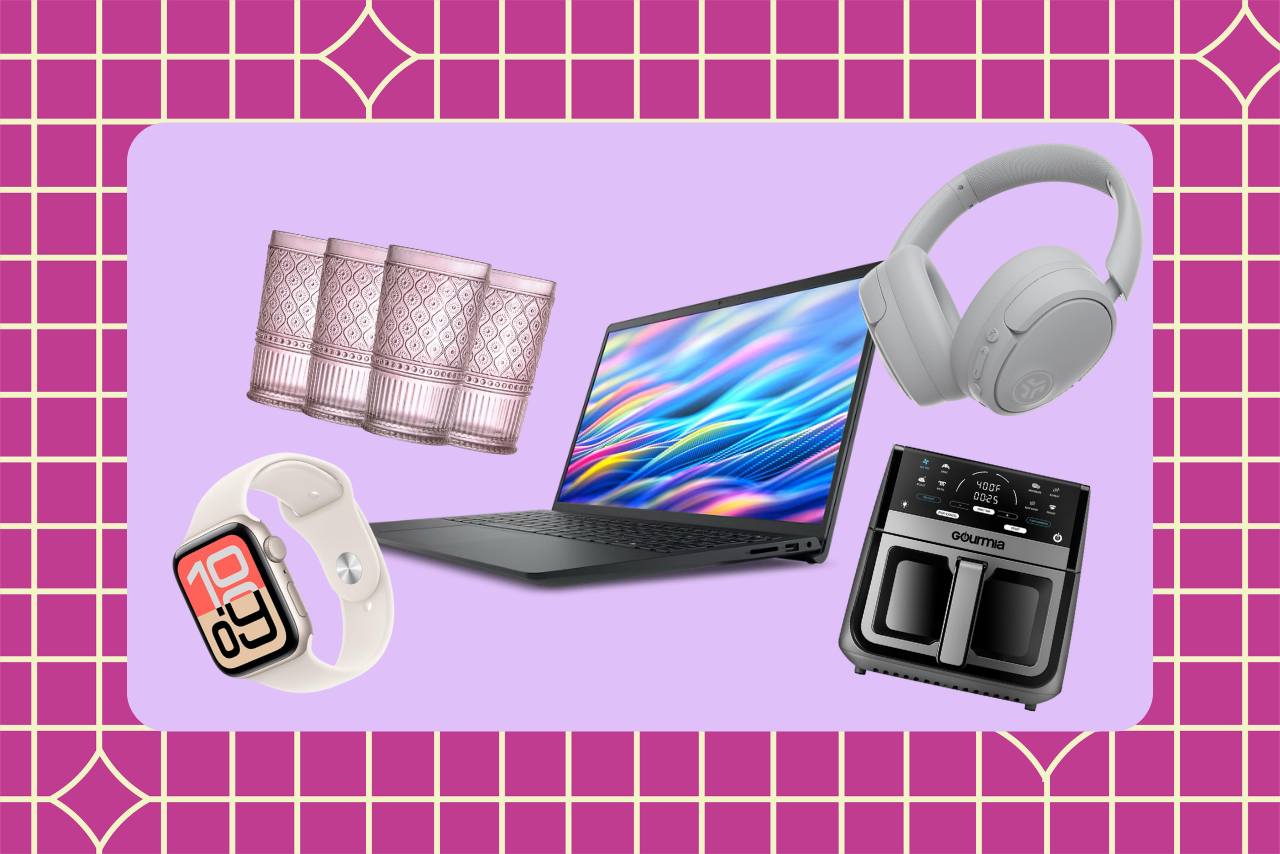 features the gourmia airfyer, dell 15 in laptop, apple watch se, pink glasses, and the jlab headphones