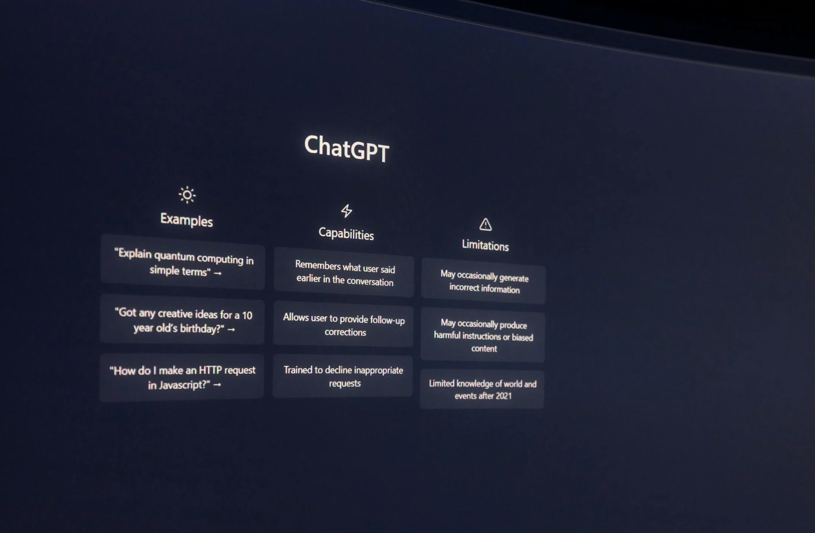 screen showing chat gpt when first opened
