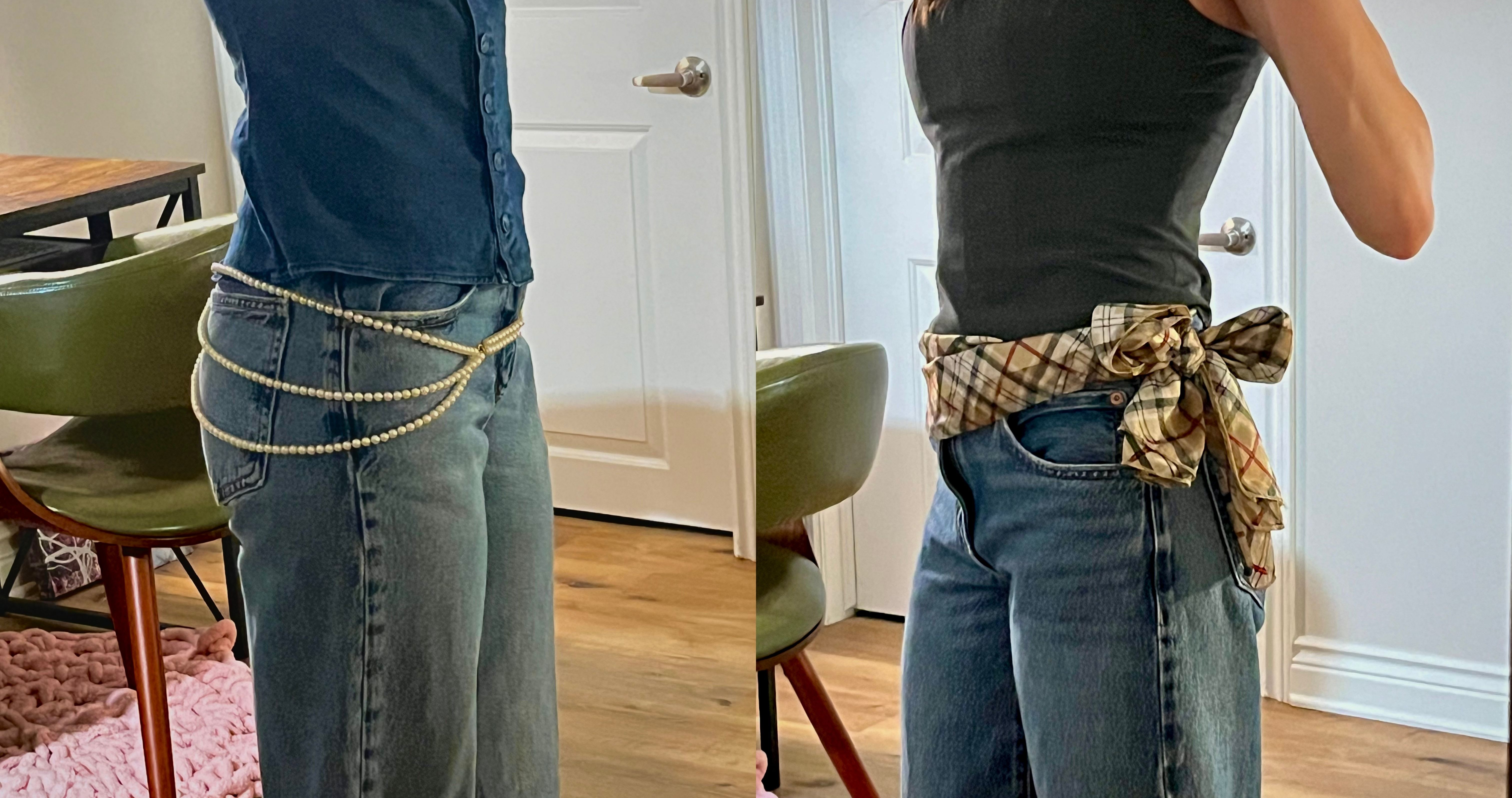 Collage of two photos portraying creative belt-accessorizing options.