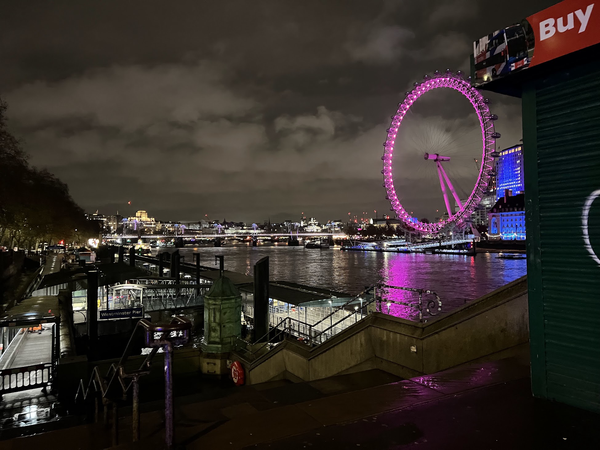 A photo taken a night of the London Eye