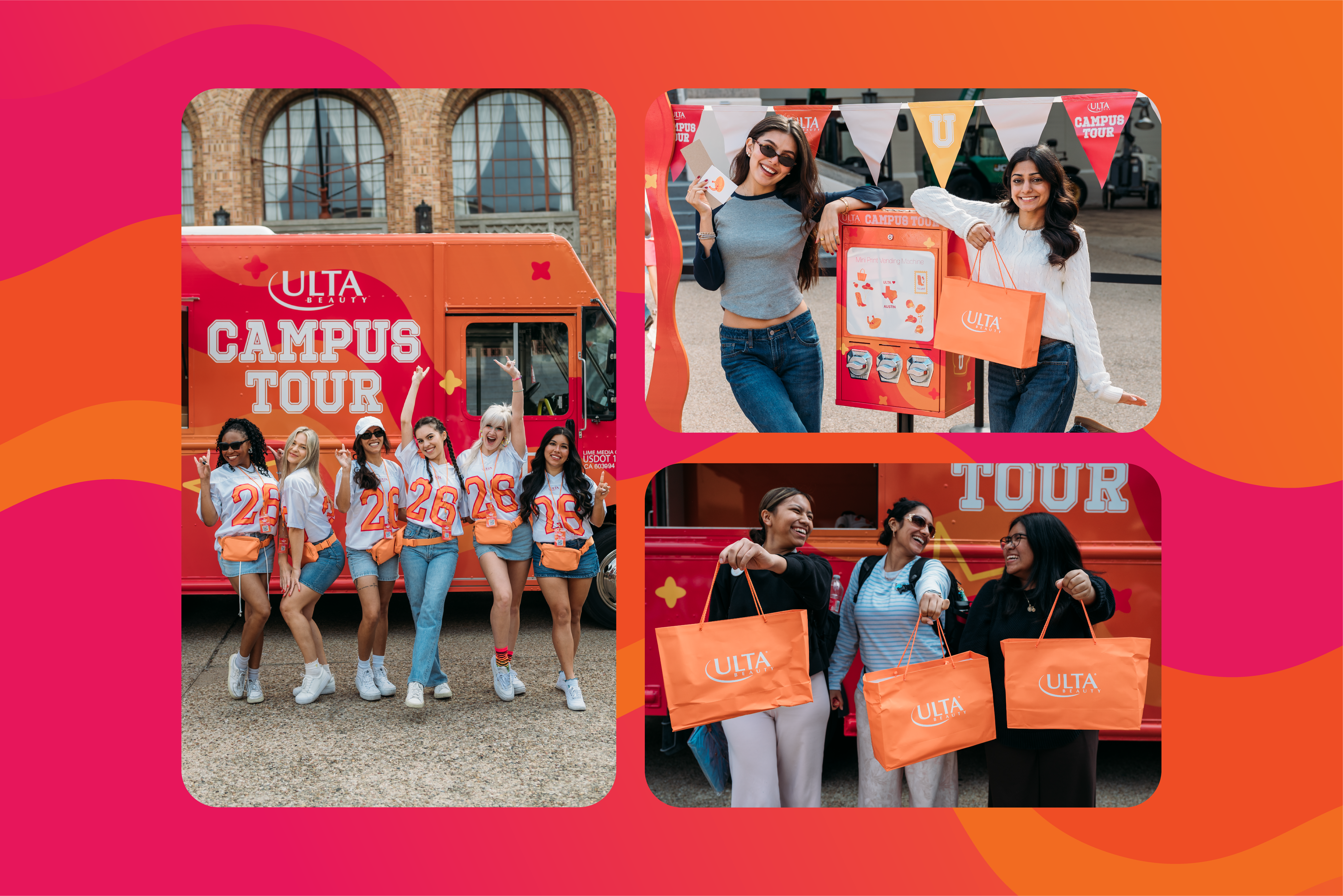 Promotional collage for the Ulta Beauty Campus Tour: college students pose with orange shopping bags and a branded tour bus, conveying a cheerful, energetic campus event.