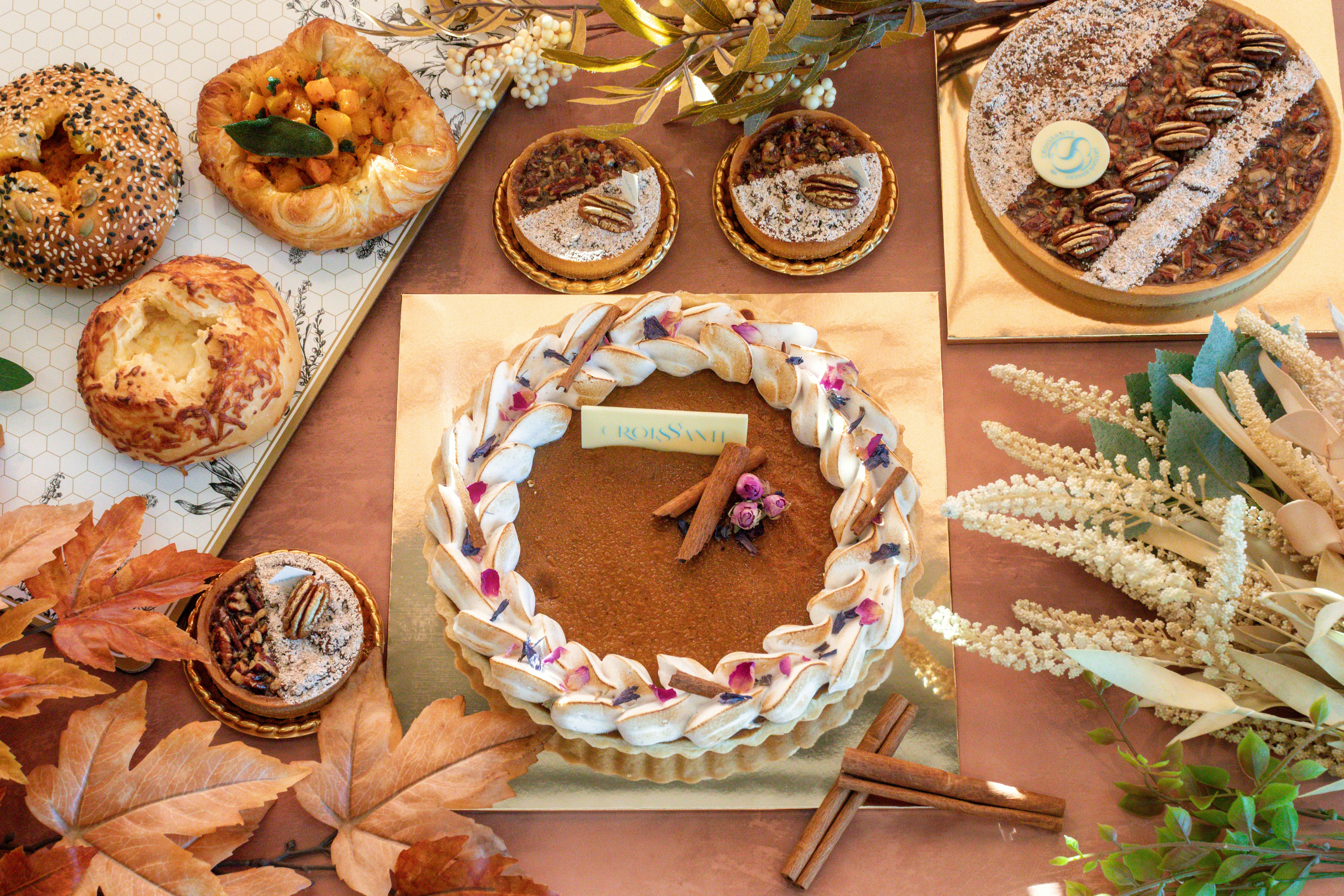 Festive desserts laid out on a table for display.