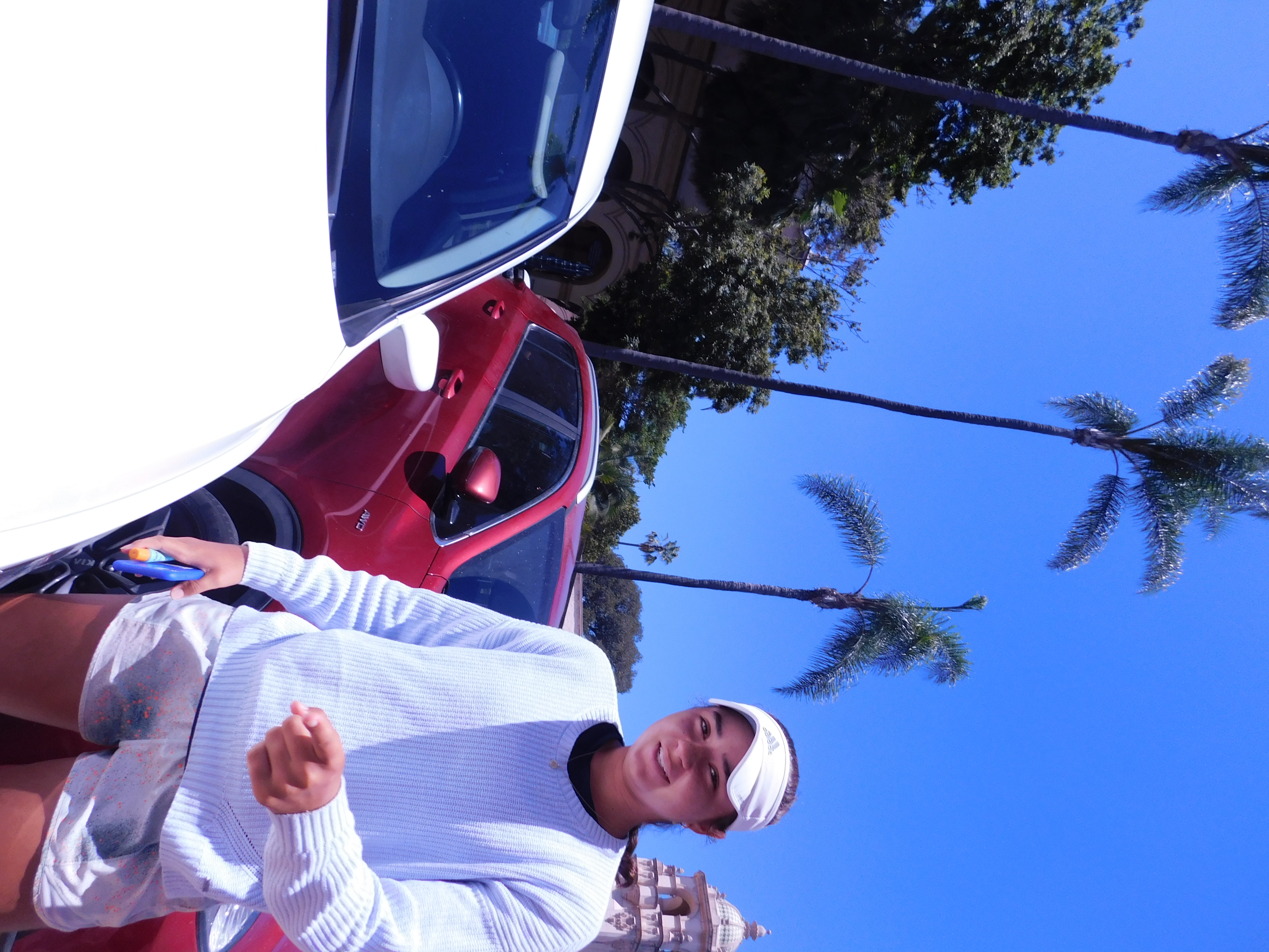 car, girl, and california trees