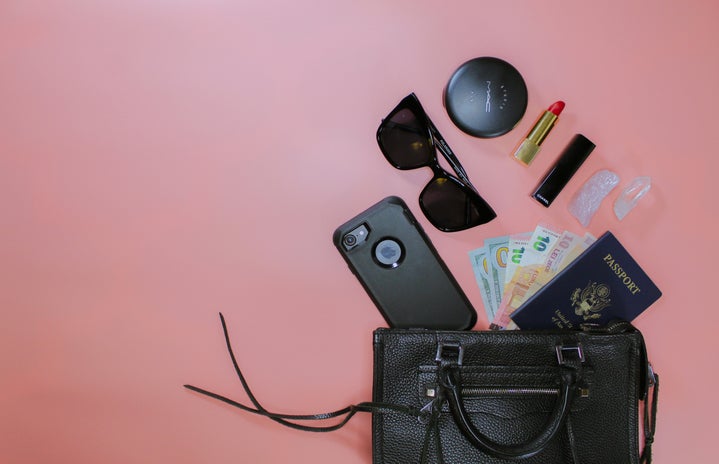 Flat lay featuring makeup and beauty items of a female traveler.