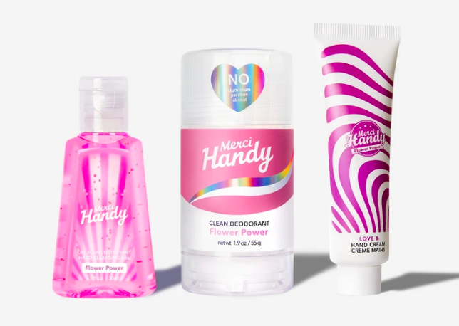 Flower Power set of hand cream, deodorant, and hand sanitizer