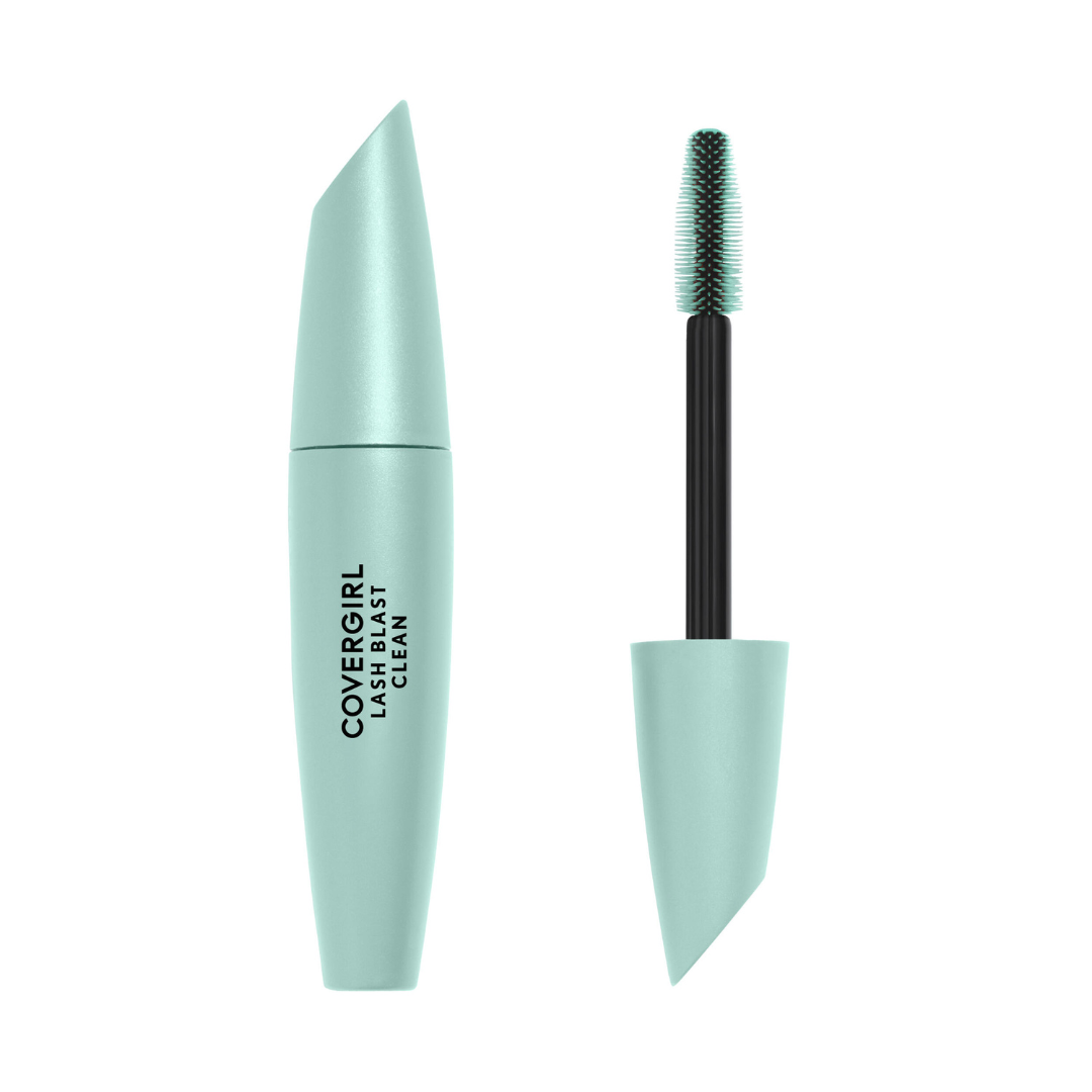 A light green-blue tube of mascara with a black brush, designed for applying makeup to eyelashes.