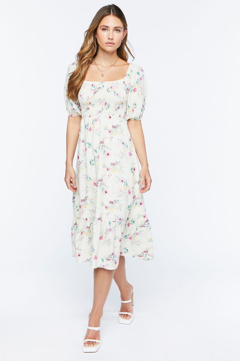 Forever 21 Floral Smocked Puff-Sleeve Midi Dress