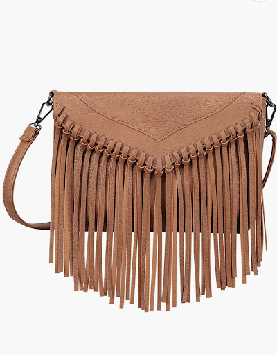 brown fringe purse 70s outfit