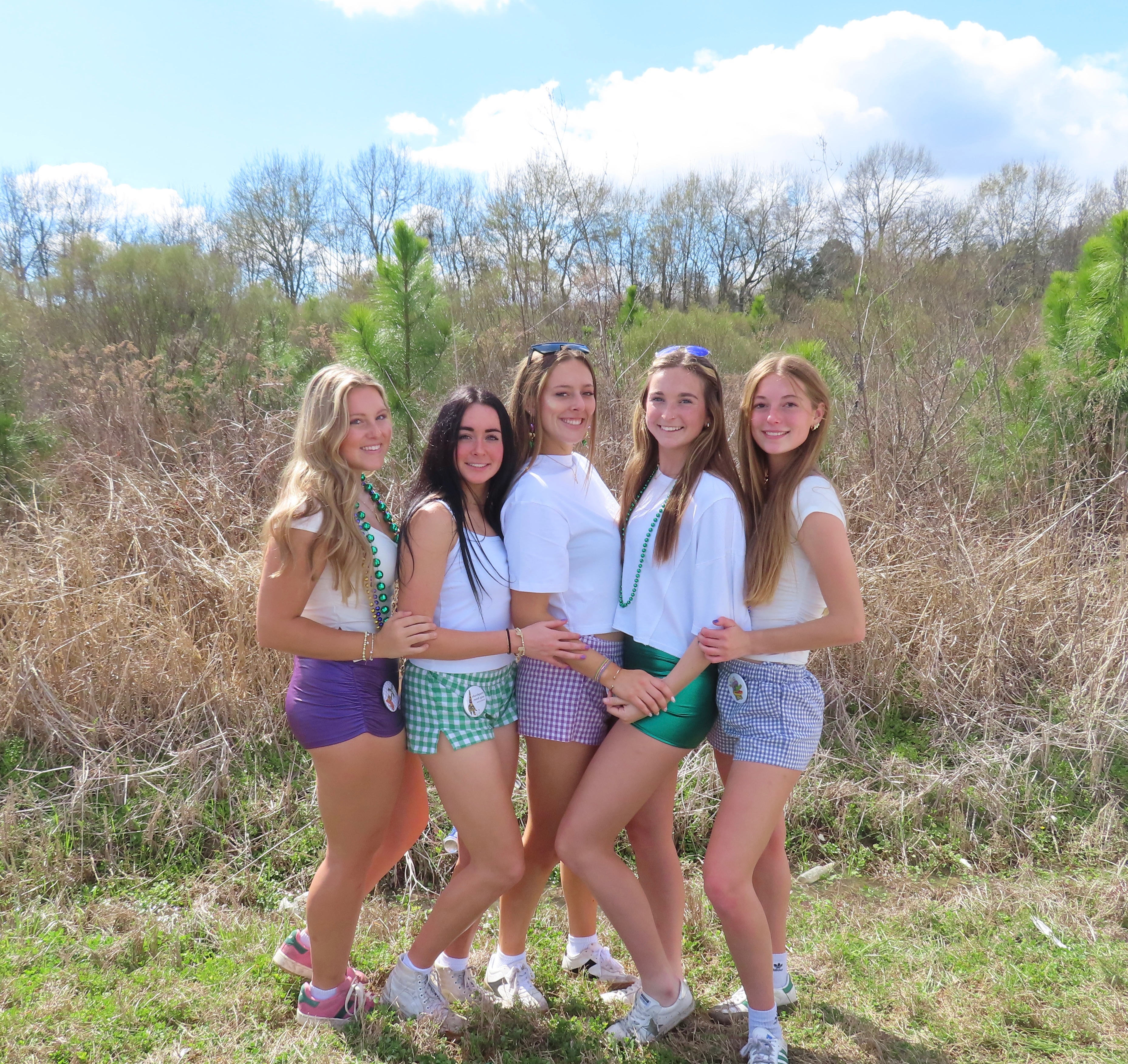 Five girls dressed in Mardi Gras outfits at a parade in the day time