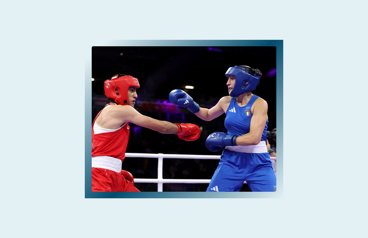 PARIS, FRANCE - AUGUST 01: Imane Khelif of Team Algeria and Angela Carini of Team Italy exchange punches during the Women\'s 66kg preliminary round match on day six of the Olympic Games Paris 2024 at North Paris Arena on August 01, 2024 in Paris, France.