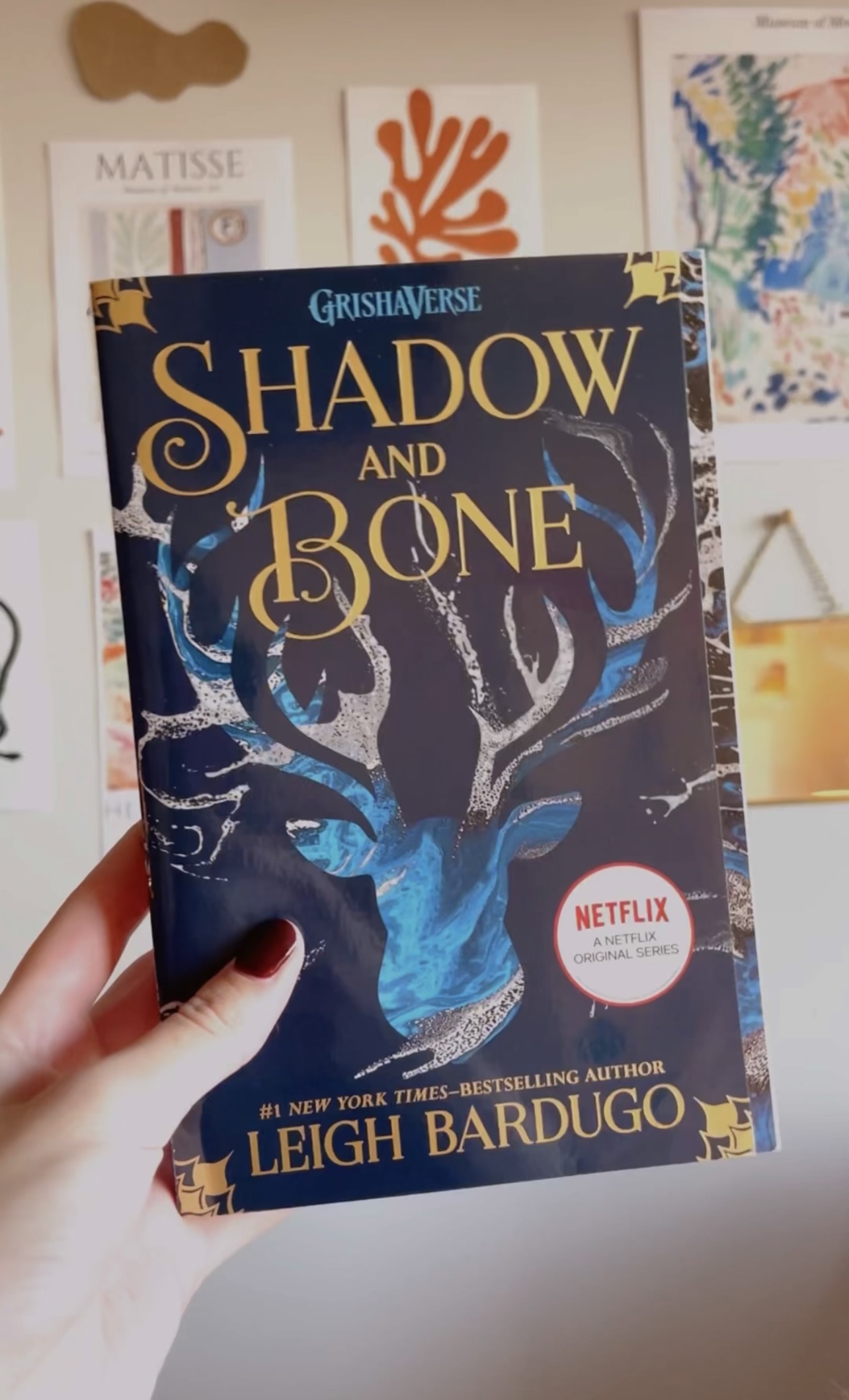 Photo of hand holding book. Shadow and Bone.