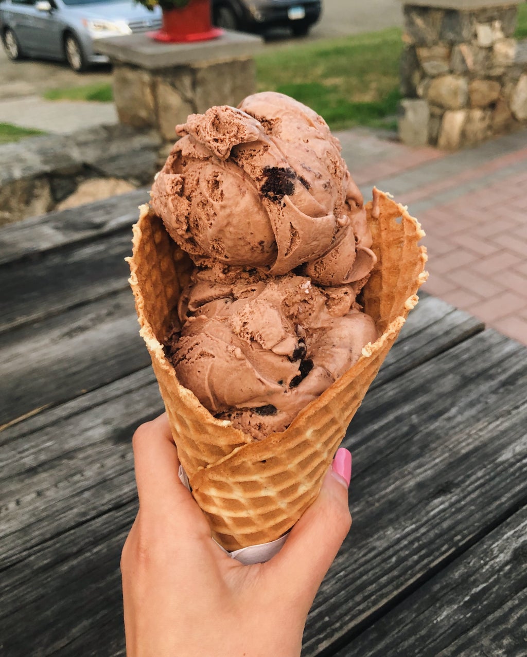 Chocolate ice cream in a waffle cone at Rich Farms in Connecticut.
