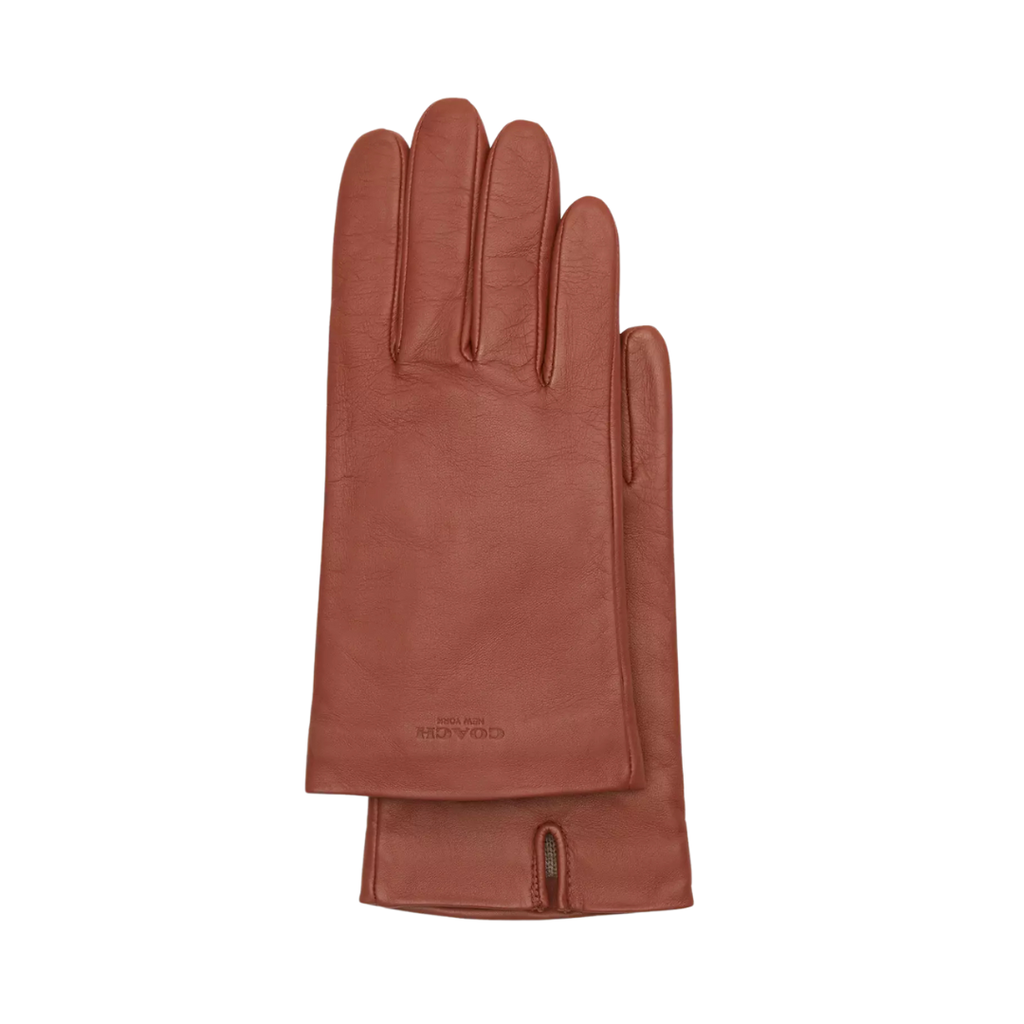 A pair of red-brown leather gloves with a small brand logo on the wrist area.