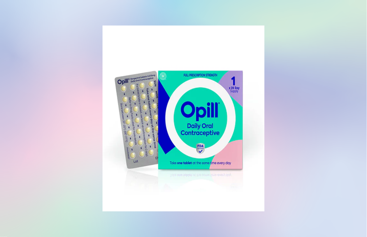 A box of Opill with a colorful background