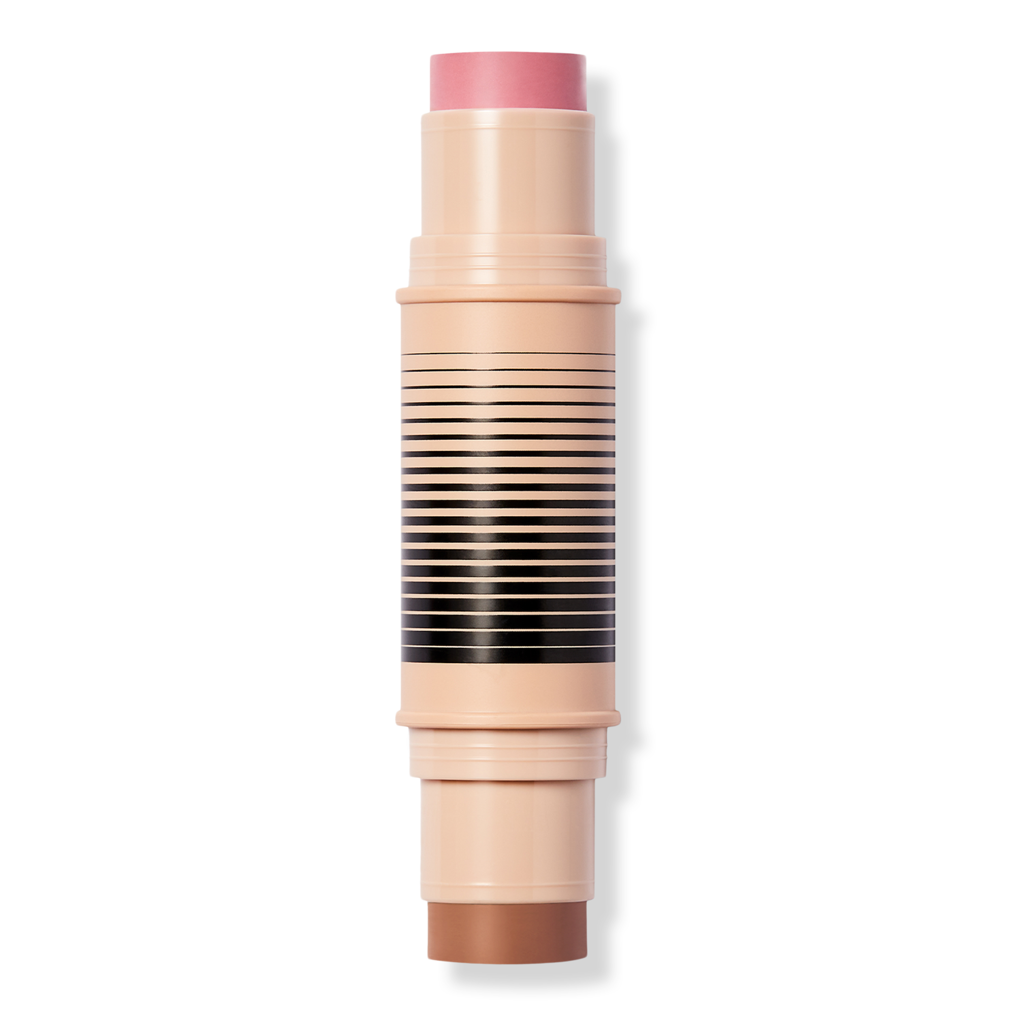 A peach-toned cosmetic stick stands upright against a black background, with a rose-colored cap and black horizontal stripes; the sleek product image feels polished.