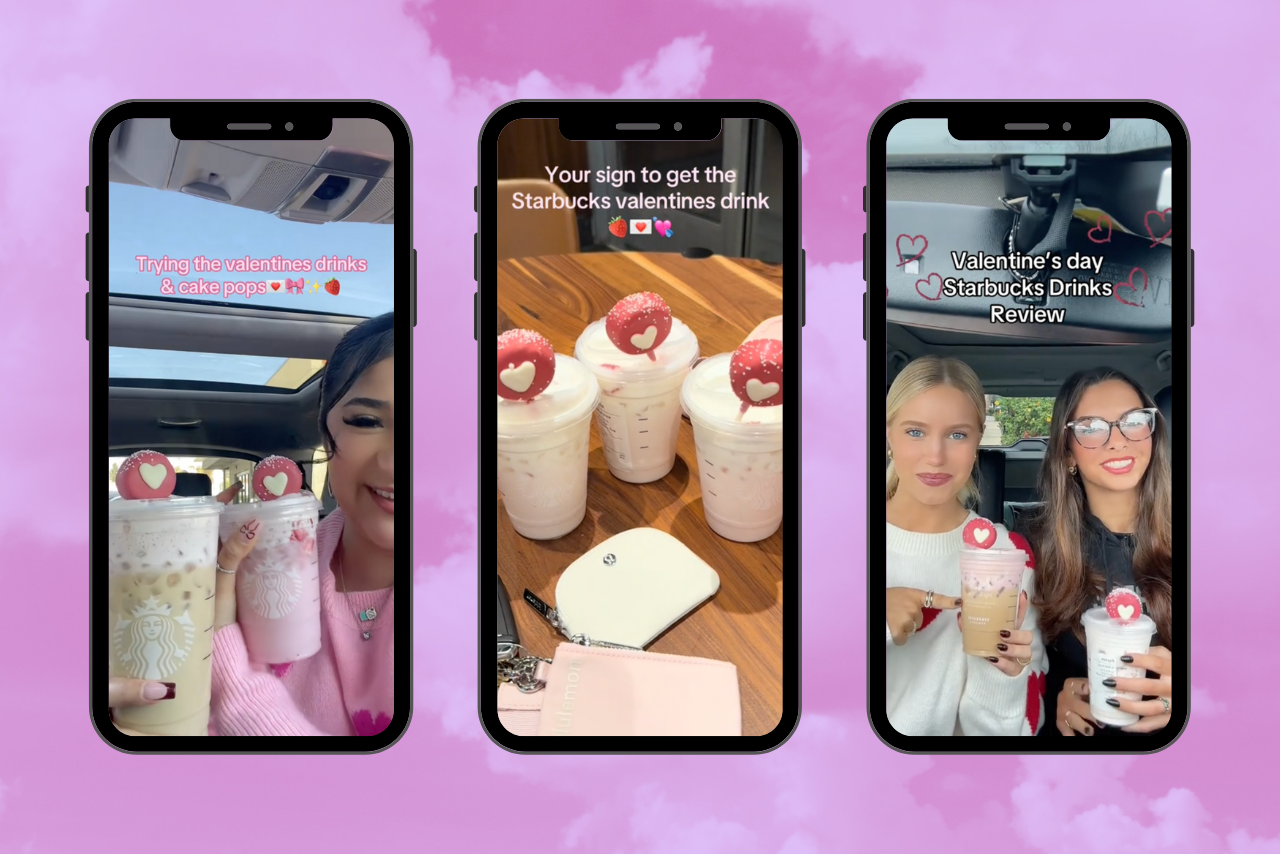 iPhones with TikToks of Starbucks Valentine\'s Day drinks
