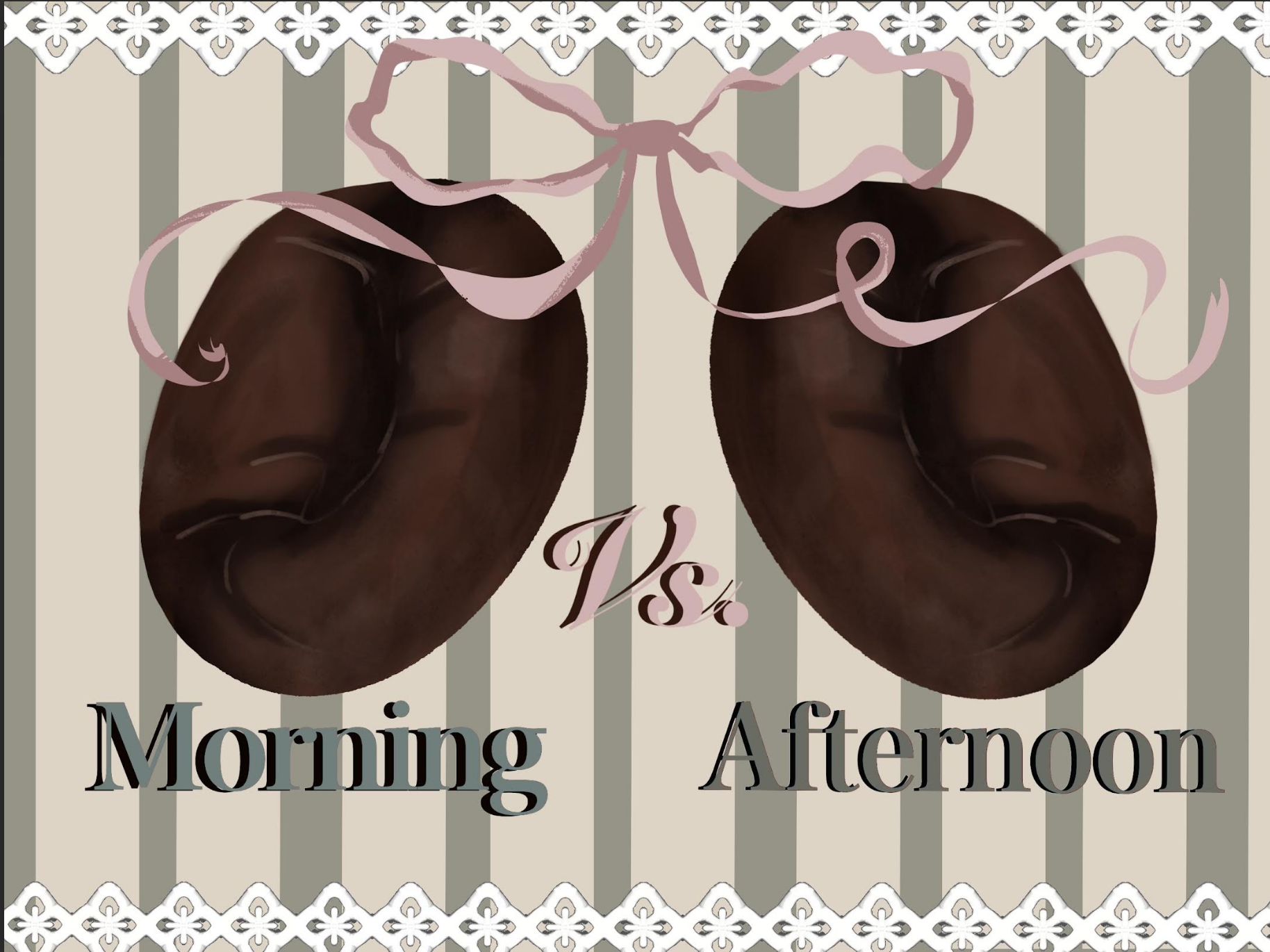 An image of coffee beans with a ribbon and striped background