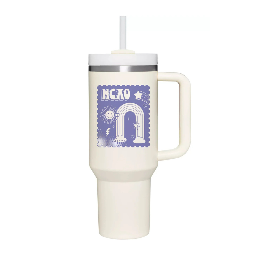 white reusable water bottle with straw and large handle with purple design on the front