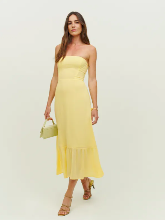 reformation strapless dress yellow