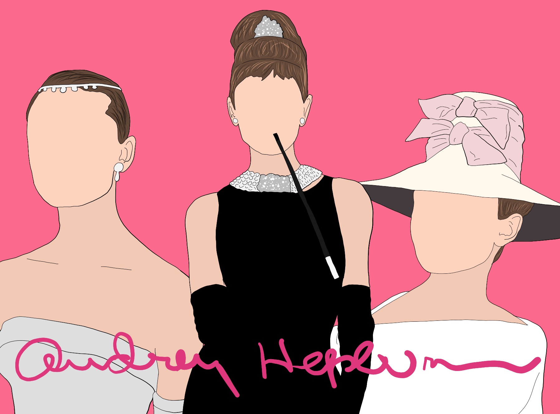 Drawing that I did of three different photos of Audrey Hepburn in front of a pink background and her signature in front of them