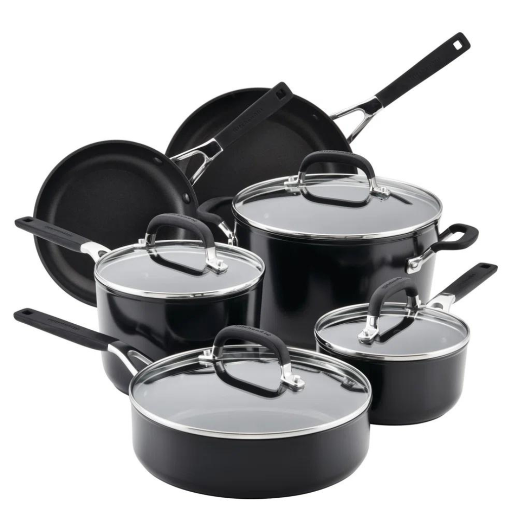 set of black non-stick pots and pans with clear lids