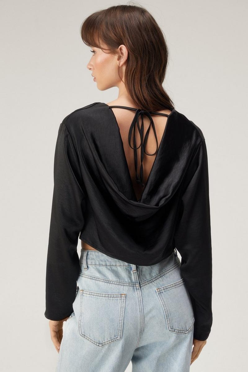 Nasty Gal Cowl Back textured Satin Long Sleeve Crop Top