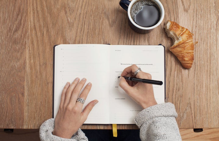 Woman writing in a Journal while having cup of coffee and a croisant