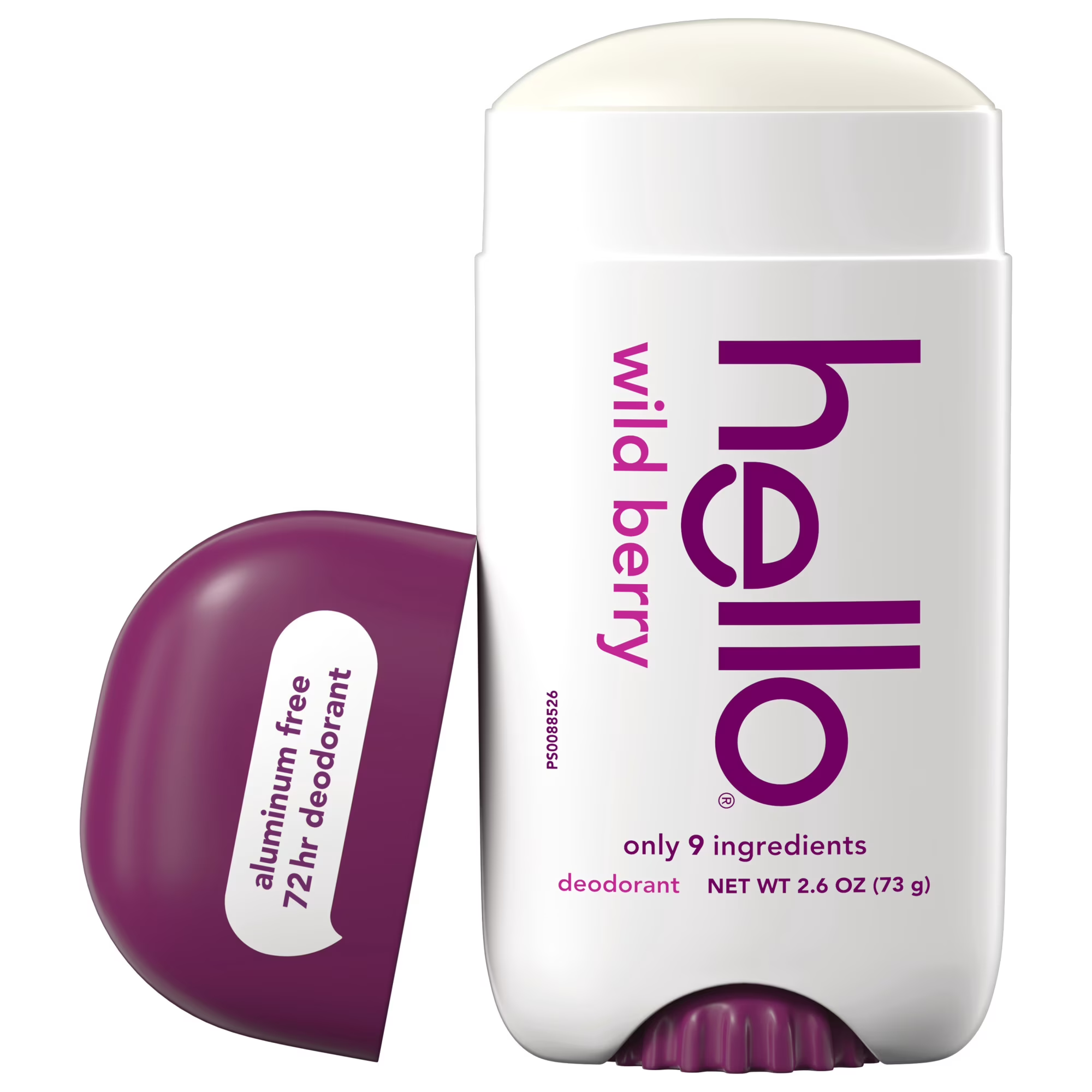Product image of a white Hello wild berry deodorant stick beside its purple cap, labeled aluminum-free and 72-hour deodorant; clean, bold design.