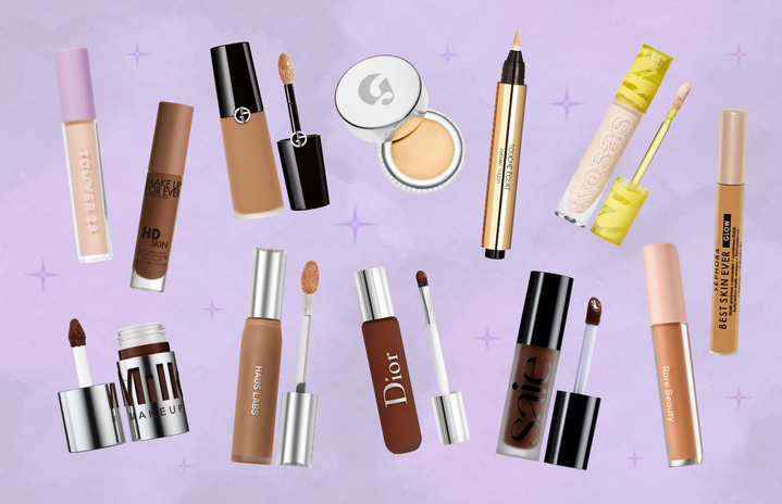 Ten concealers in different shades on a light purple background with purple stars