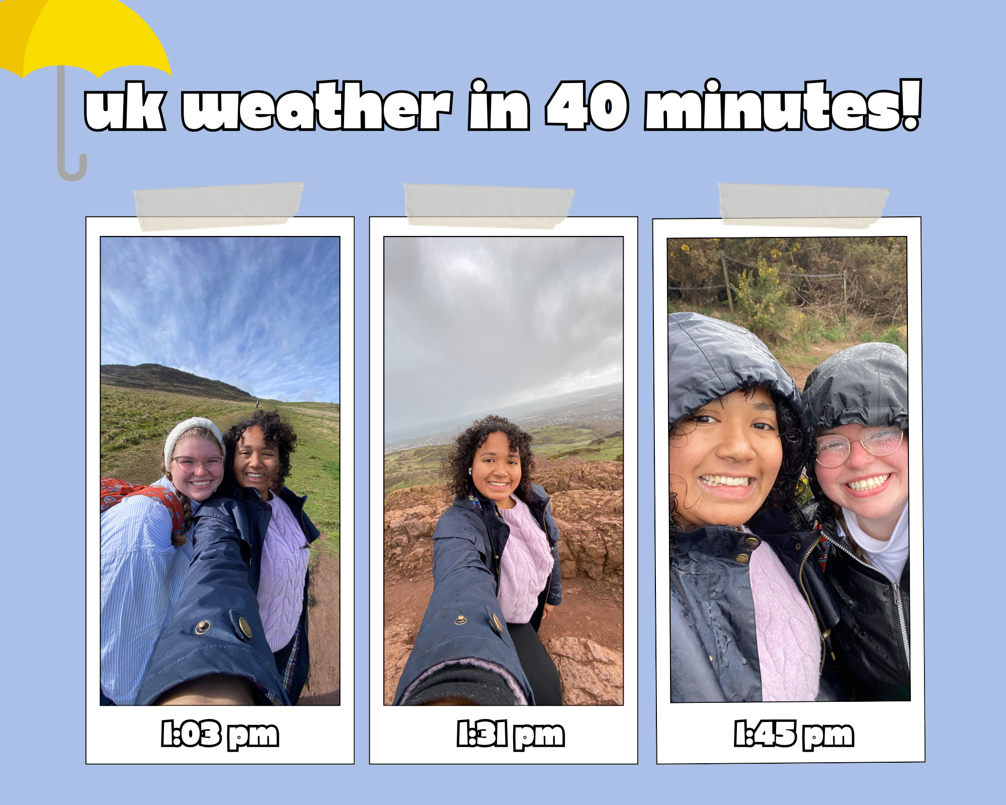 Photo collage with three photos/selfies showing how UK weather slowly turns across 40 minutes from sunny to cloudy and rainy