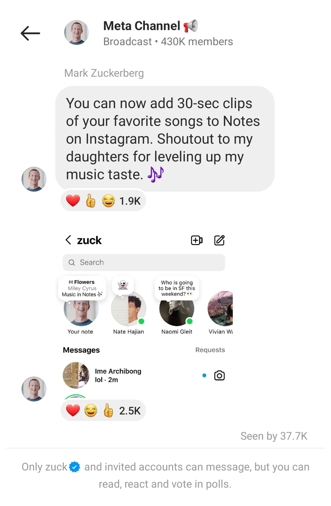 instagram music notes announcement from mark zuckerberg