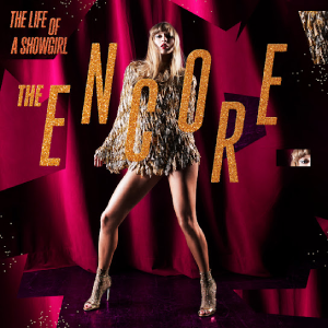 Woman in heels and dress behind a red background with the words \"ENCORE\" over her