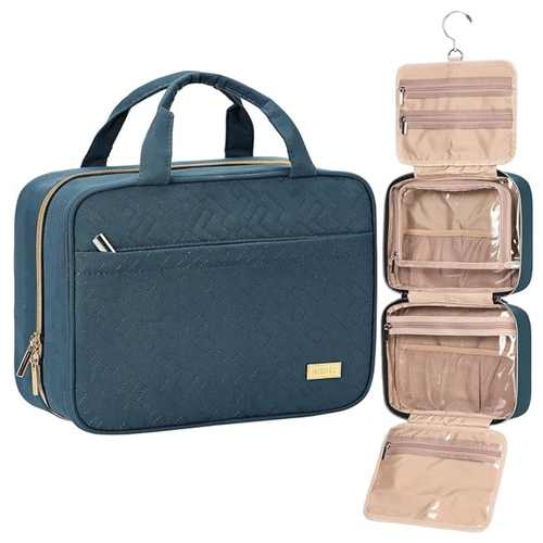 dark blue-green toiletry bag that unfolds and hangs