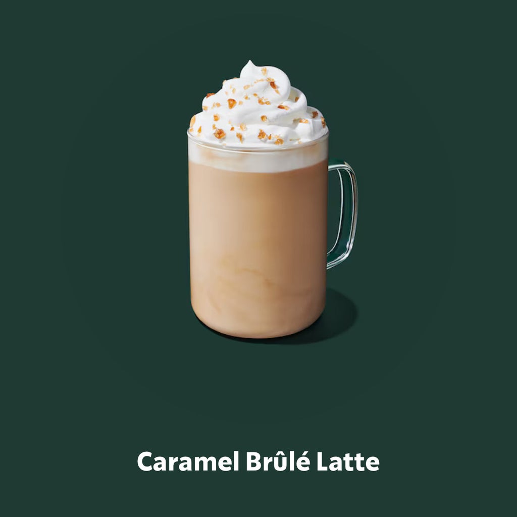 starbucks product shot of caramel brule latte on green background