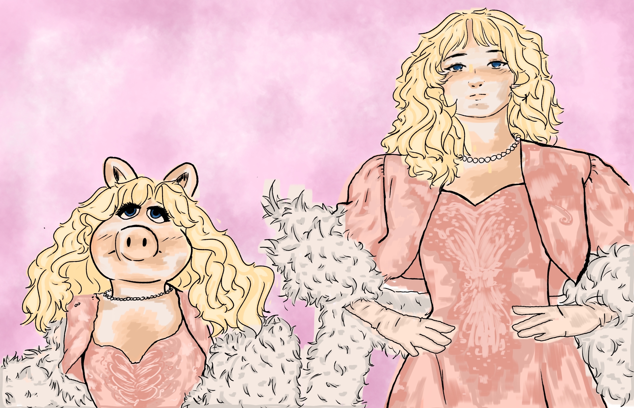 digital drawing of pig and woman wearing matching outfits
