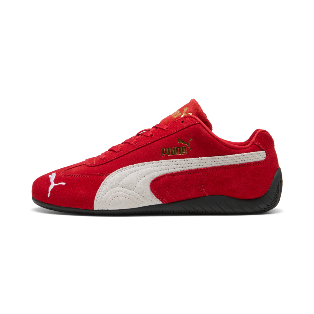 red and white suede sneaker with black sole