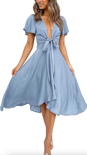 blue short sleeve satin mini dress spring outfits