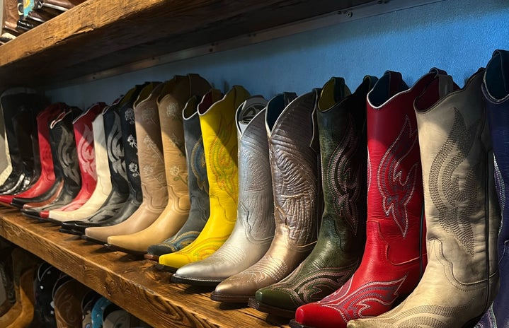 Cowboy boots displayed on shelves