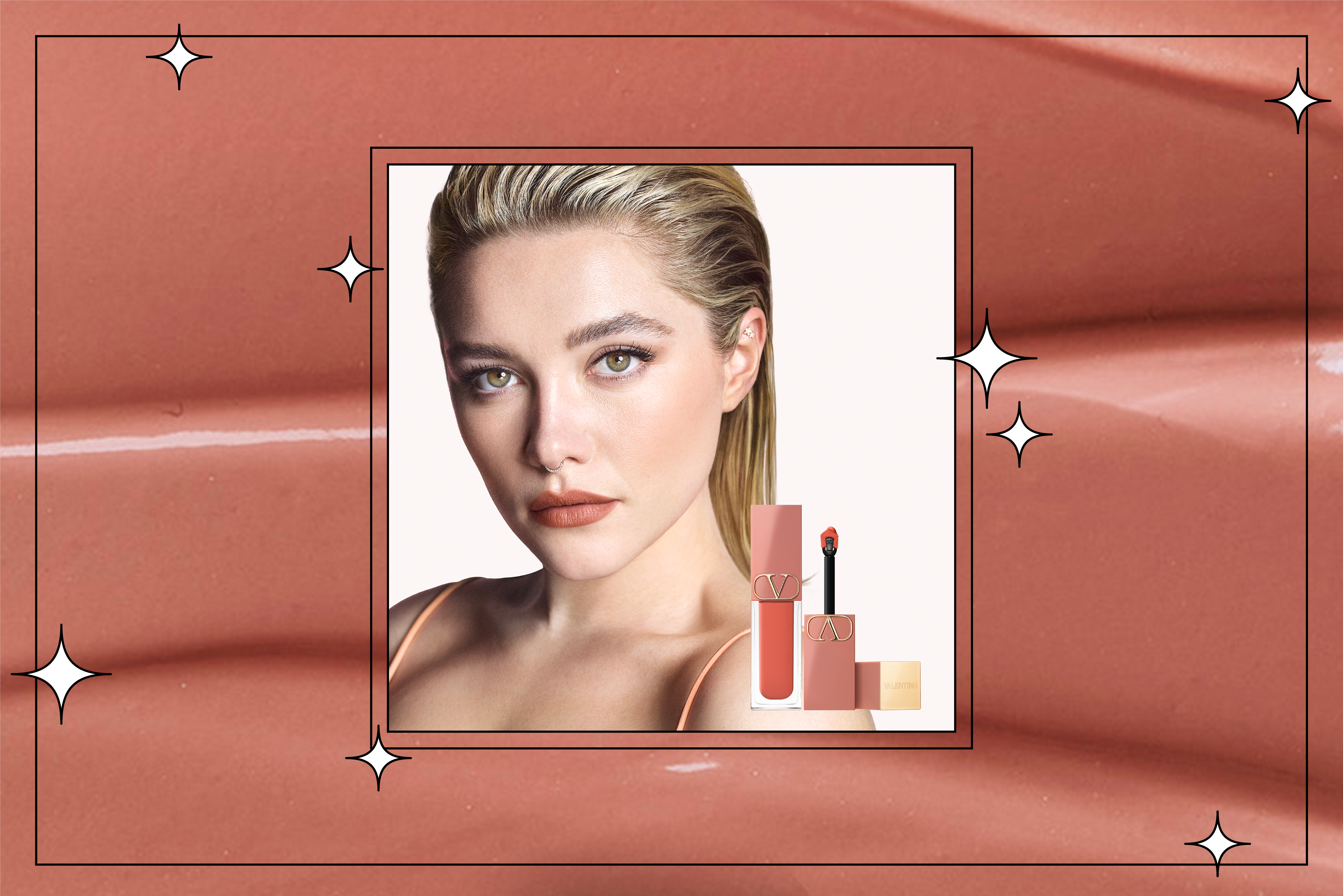 Florence Pugh next to bottle of Valentino Beauty lip product
