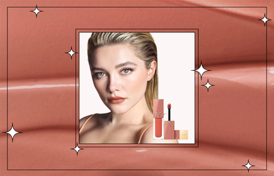Florence Pugh next to bottle of Valentino Beauty lip product
