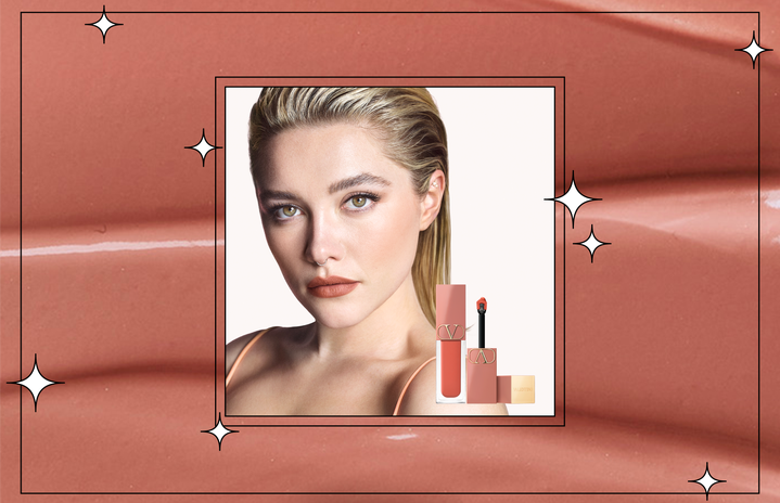 Florence Pugh next to bottle of Valentino Beauty lip product