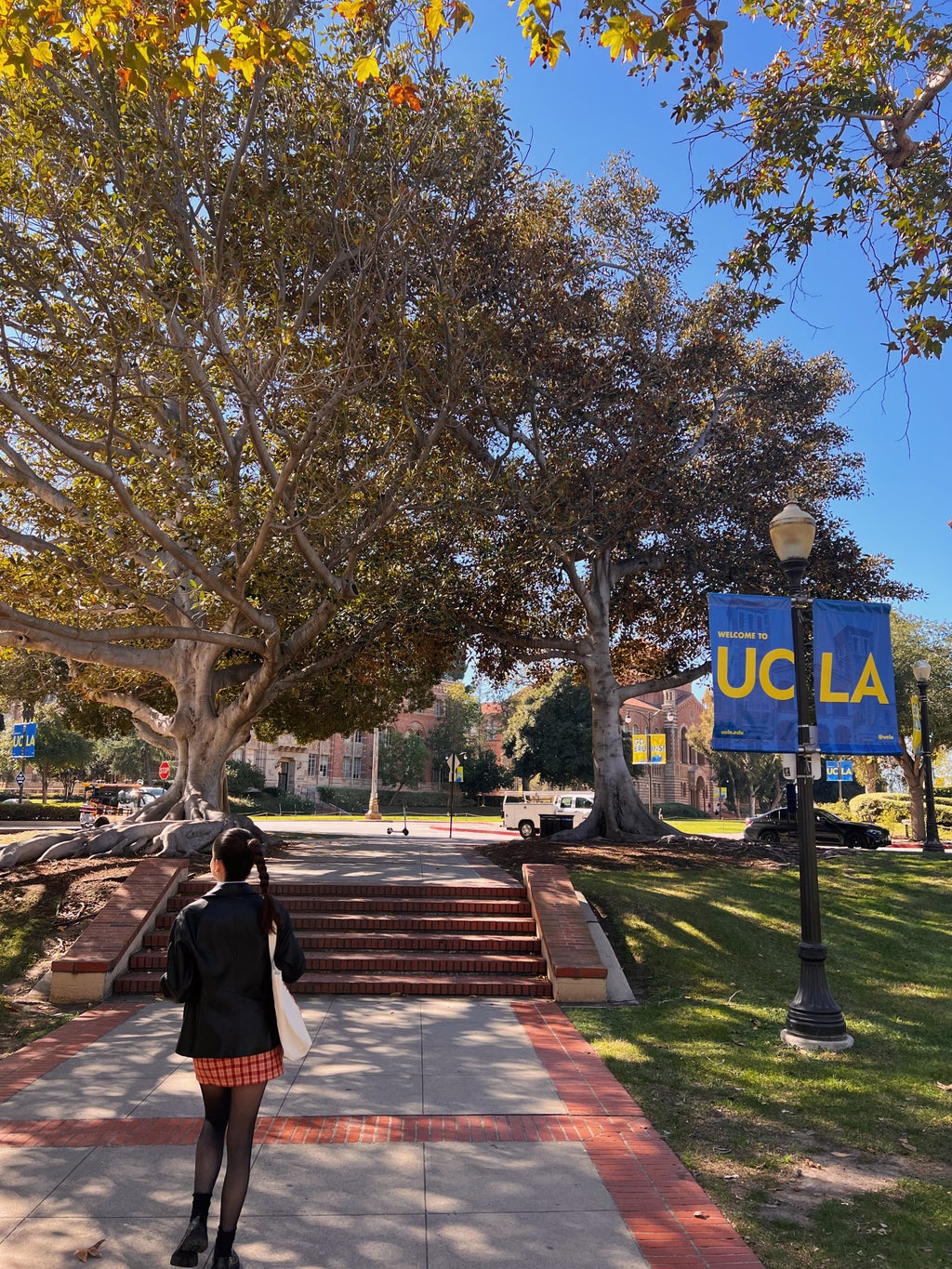 A girl stands with a tote bag on UCLA\'s campus.
