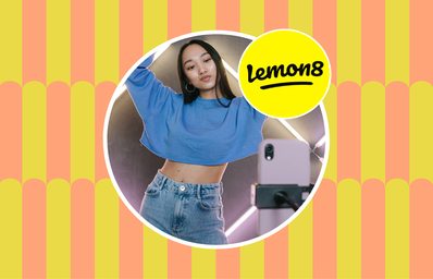 girl filming video on her phone + lemon8 logo