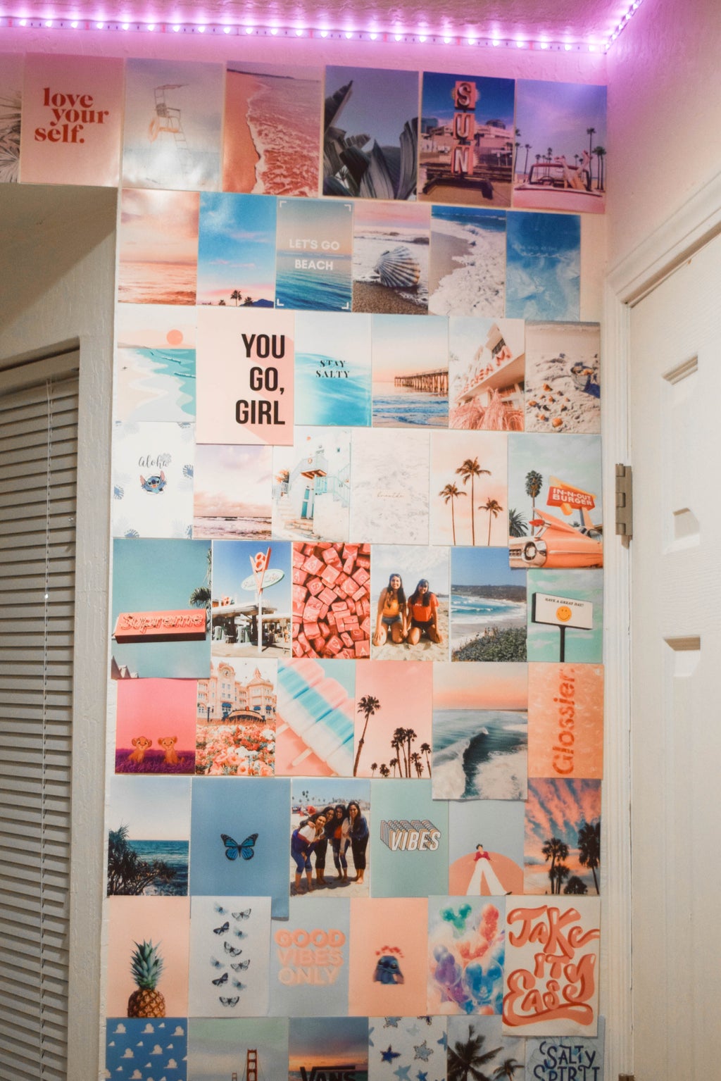 beachy vibe collage wall with purple lights