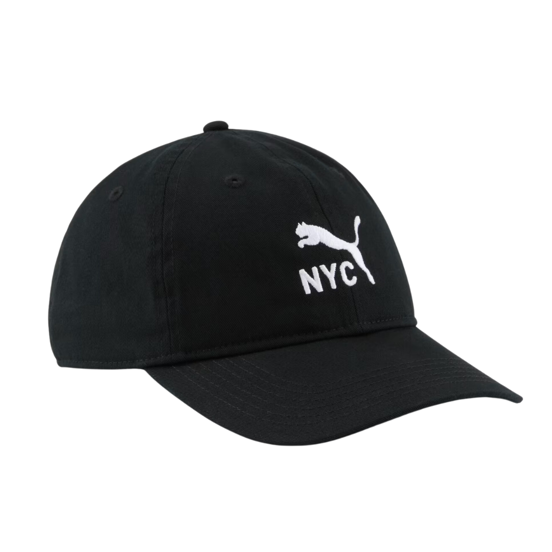black baseball cap with white puma logo and \