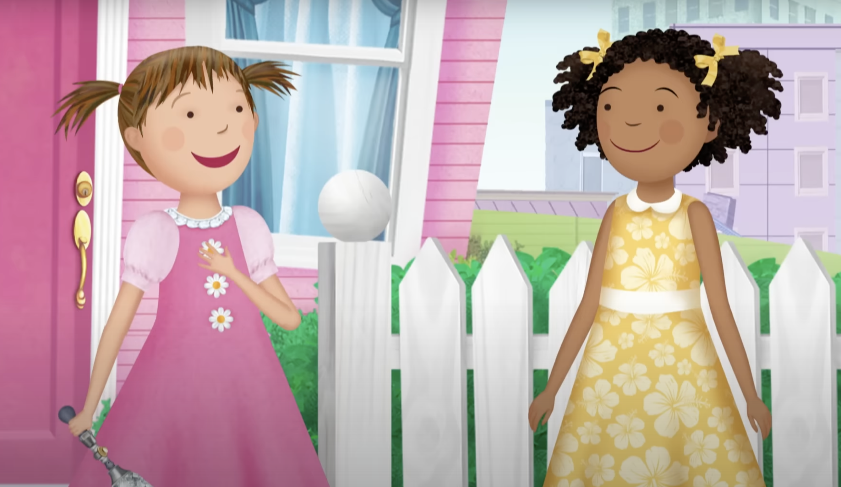 Two young girls looking at each other smiling. Still image from Pinkalicious and Peterrific