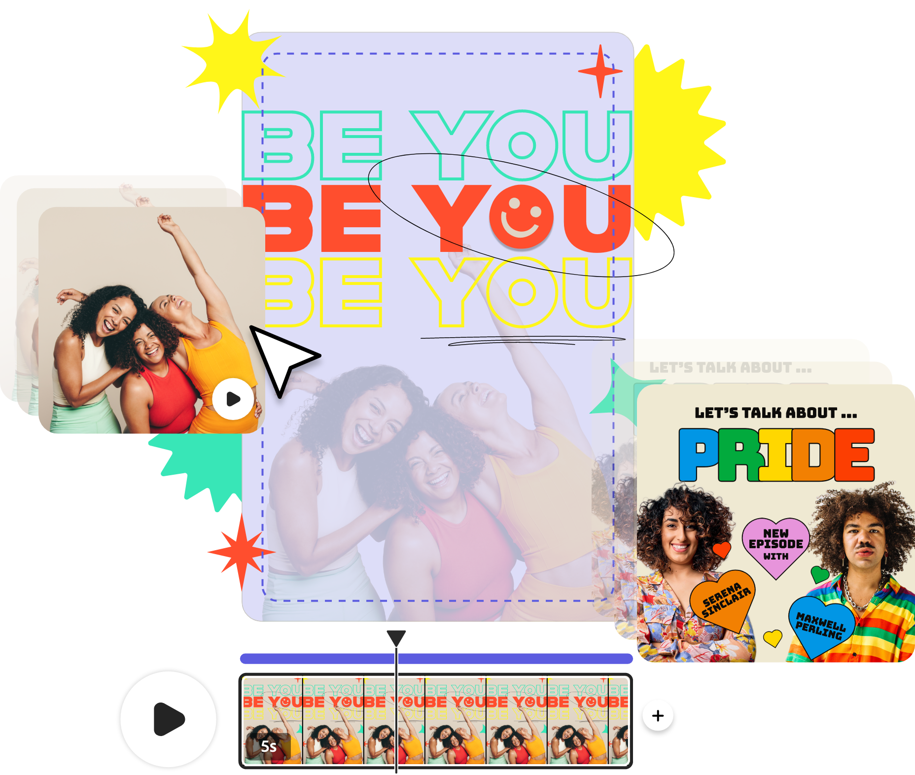 Image of three friends with video editing tools and Pride Month graphic surrounding it