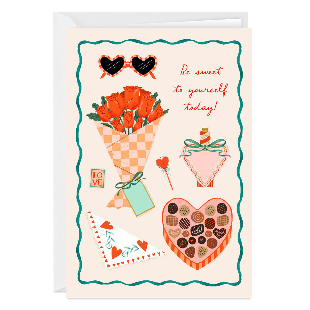 light peach valentine\'s day card with illustrations of heart-shaped sunglasses, a bouquet, chocolates, and more with text that reads \