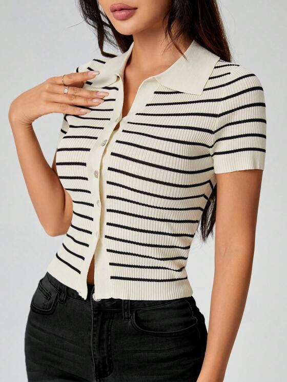 Shein Preppy Striped Button Down Black and White