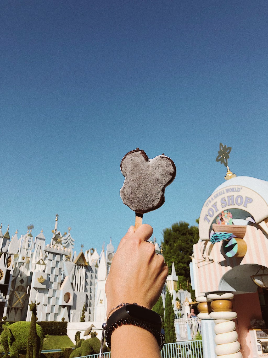 person at Disneyland holding Mickey Mouse shaped ice cream